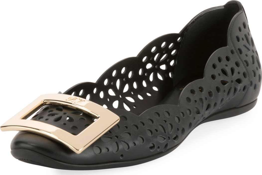 Roger Vivier Gommette Perforated Calf Leather Ballet Flat with Metal Buckle