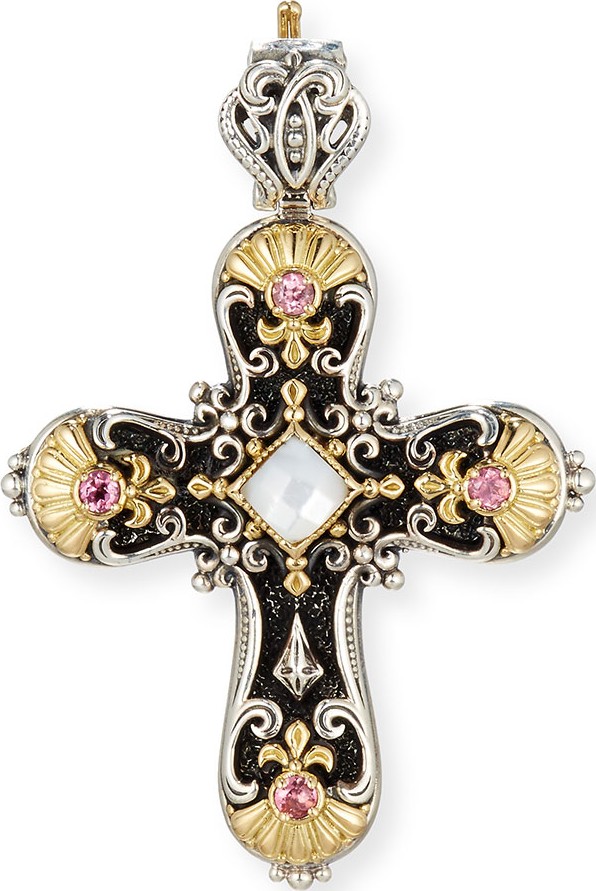 Konstantino Cross Pendant with Pink Tourmaline & Mother-of-Pearl