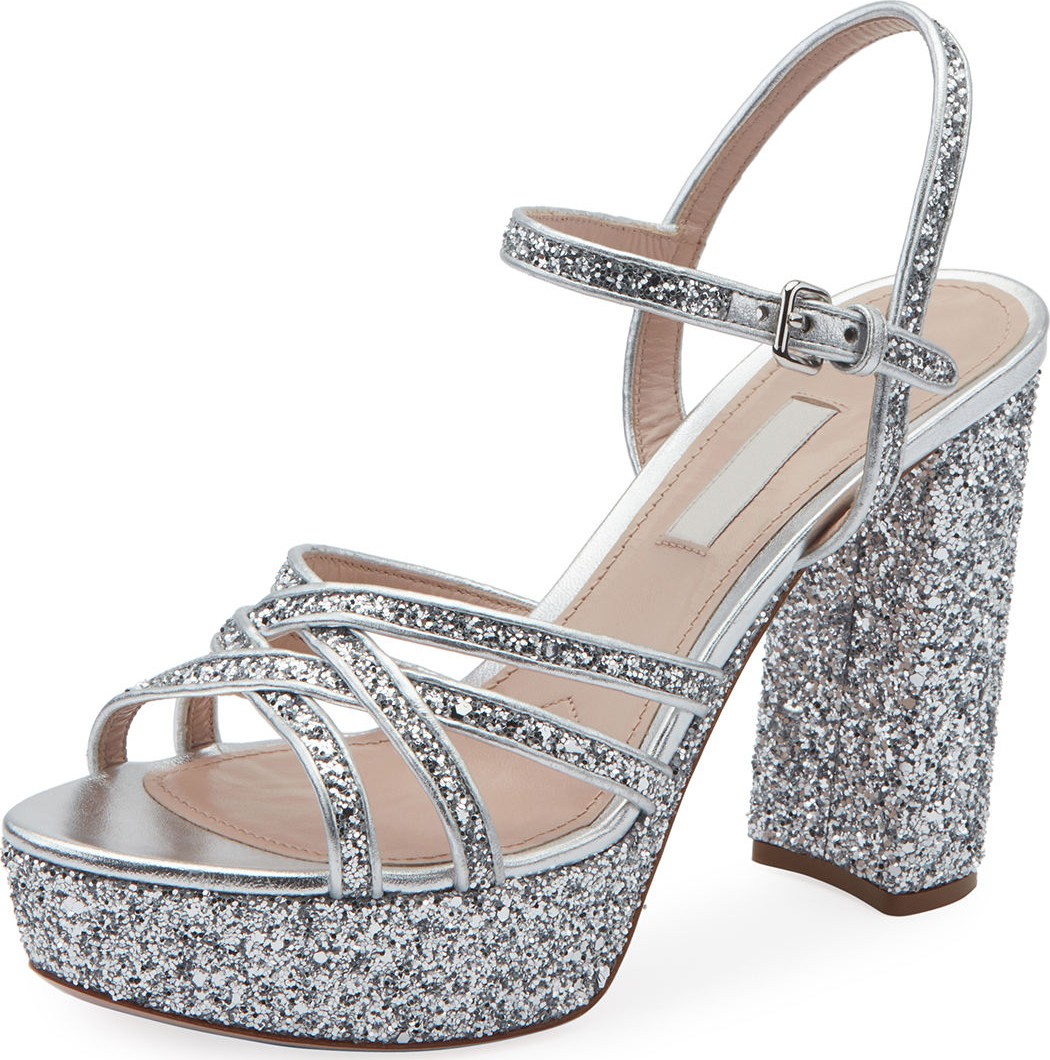 Miu Miu Glitter Strappy Platform Sandals