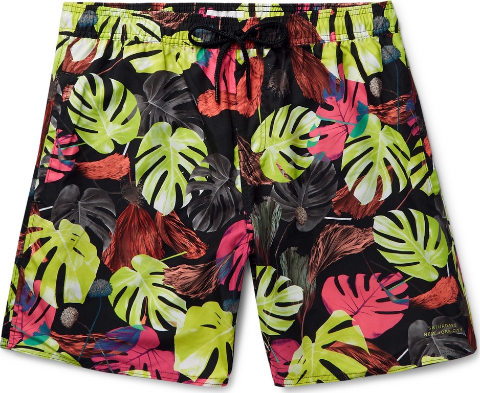 SATURDAYS NYC Wide-Leg Mid-Length Printed Swim Shorts