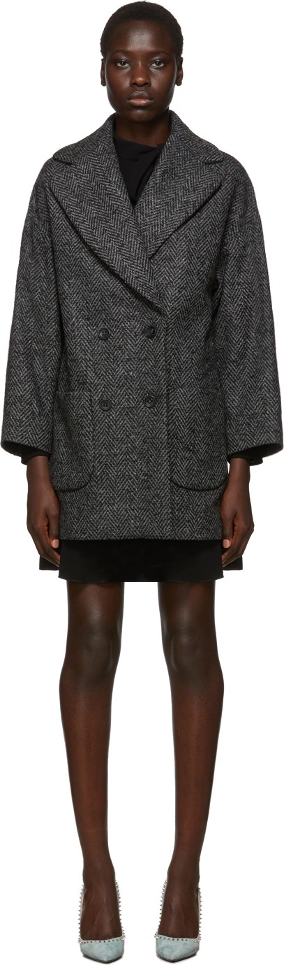 RED Valentino Black & Grey Wool Oversized Chevron Coat