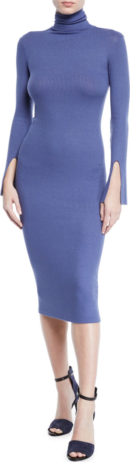ENZA COSTA Ribbed Split-Sleeve Turtleneck Midi Dress