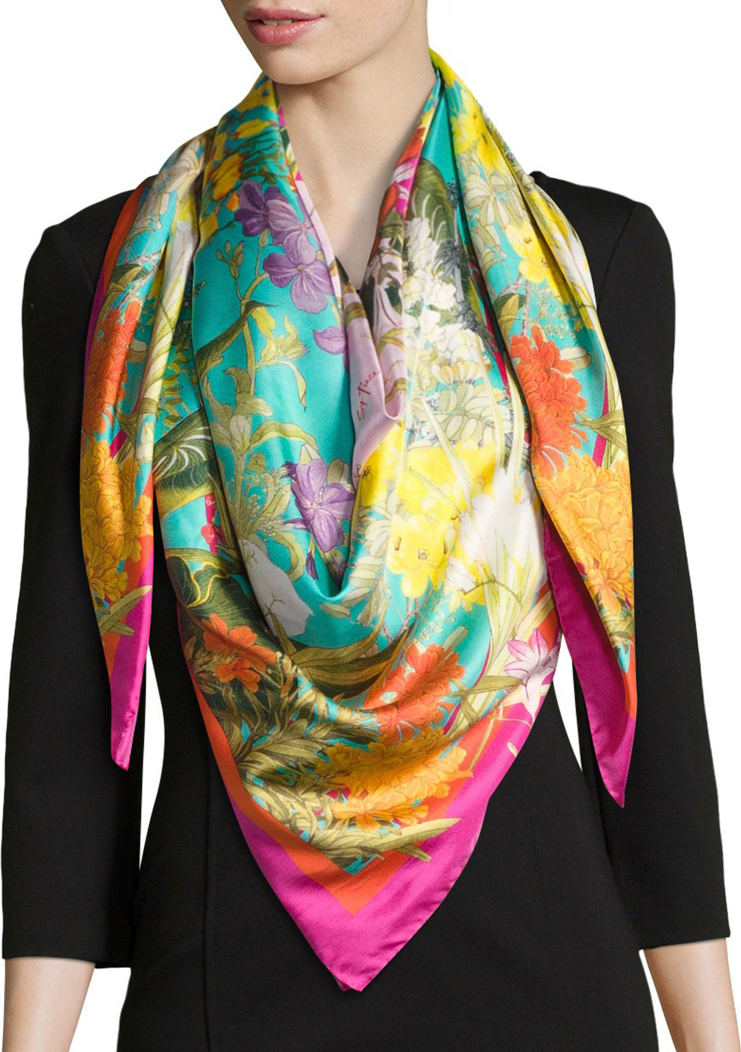 St. Piece Faye Large Silk Twill Scarf, Green/Pink