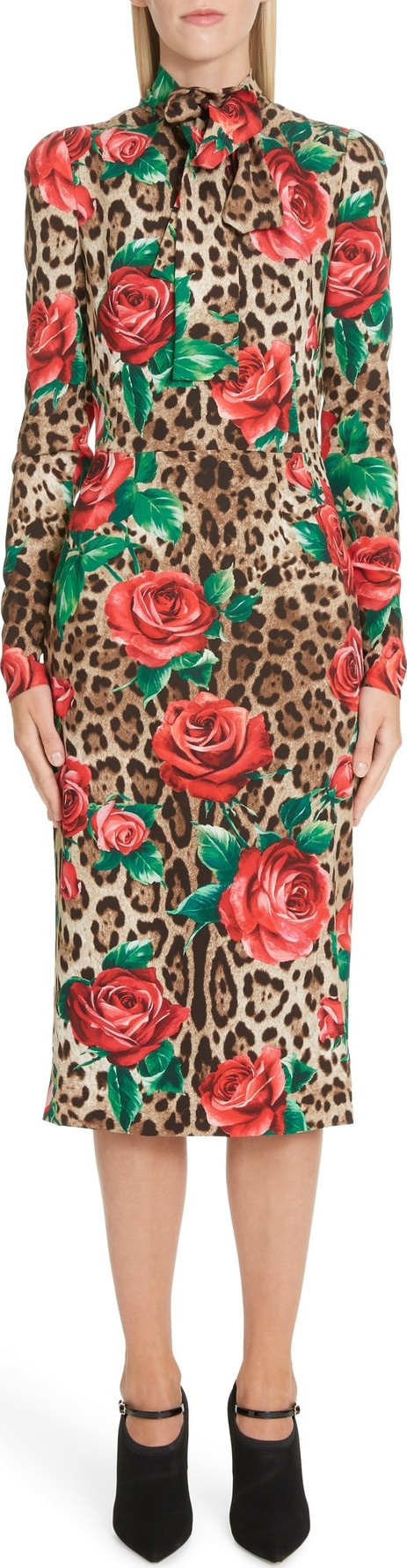 Dolce & Gabbana Rose & Leopard Print Tie Neck Stretch Silk Midi Dress