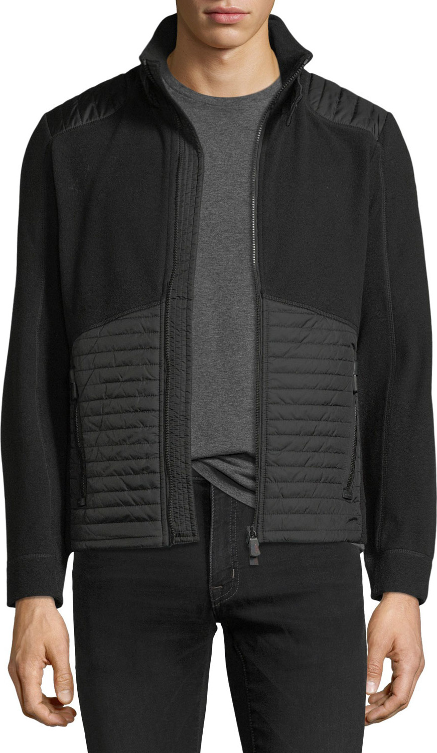 Moncler Knit Zip-Front Cardigan with Quilted Panels