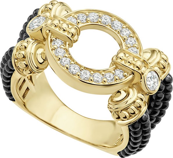 LAGOS Circle Game Black Ceramic Split-Shank Ring with Diamonds, Size 7
