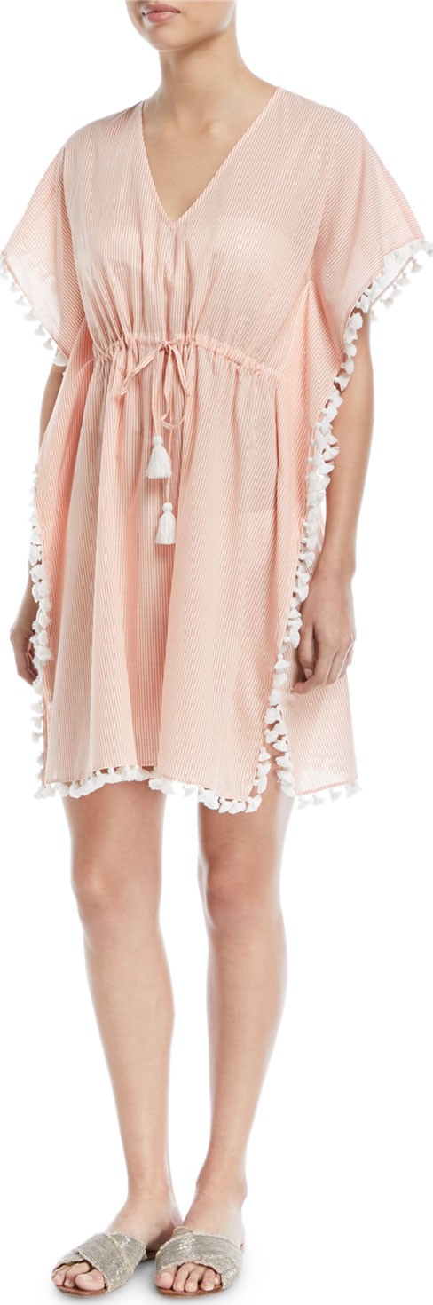 Tory Burch Ticking Stripe Caftan w/ Tassel Trim