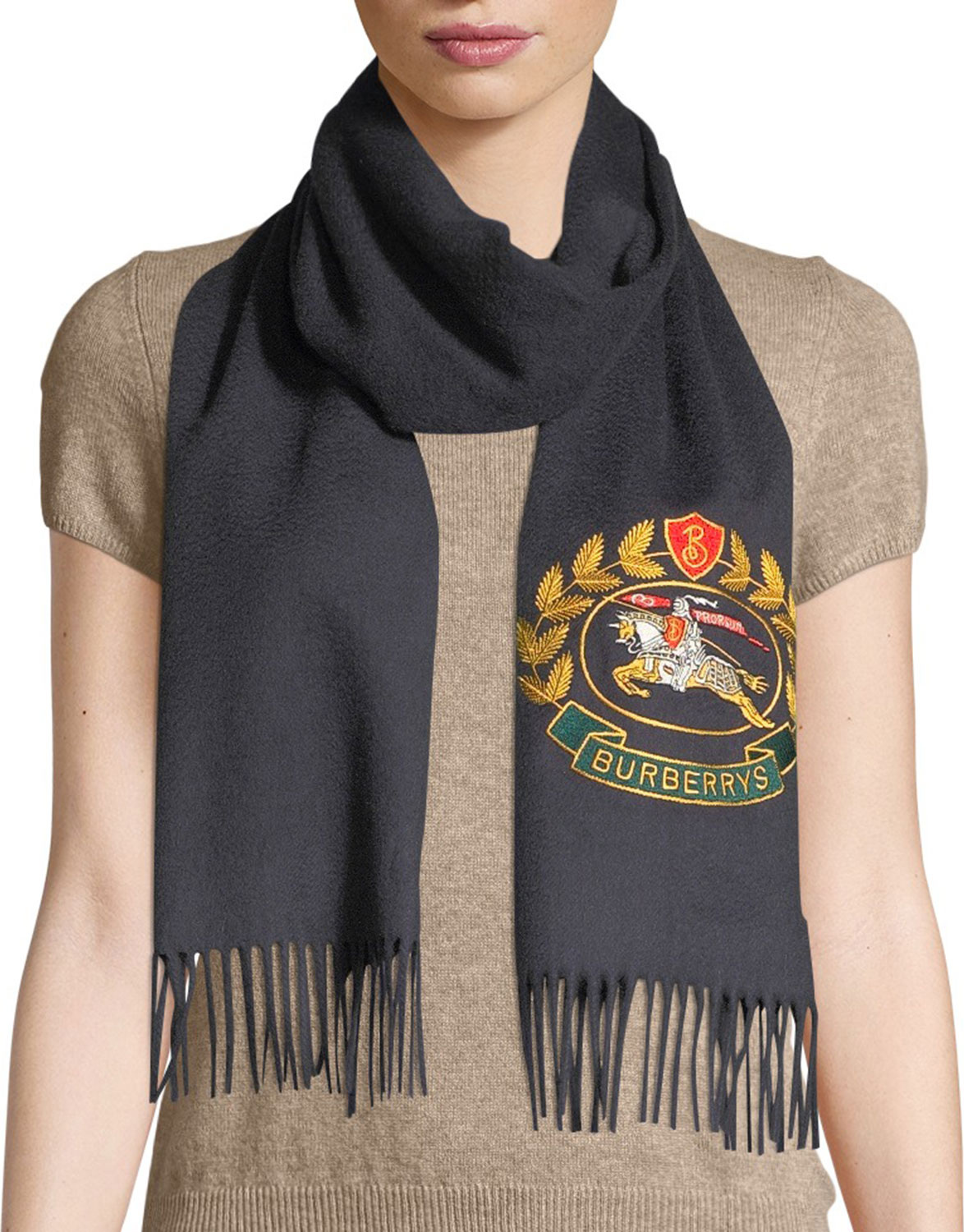 Burberry London England Vintage Crest Embroidered Cashmere Scarf
