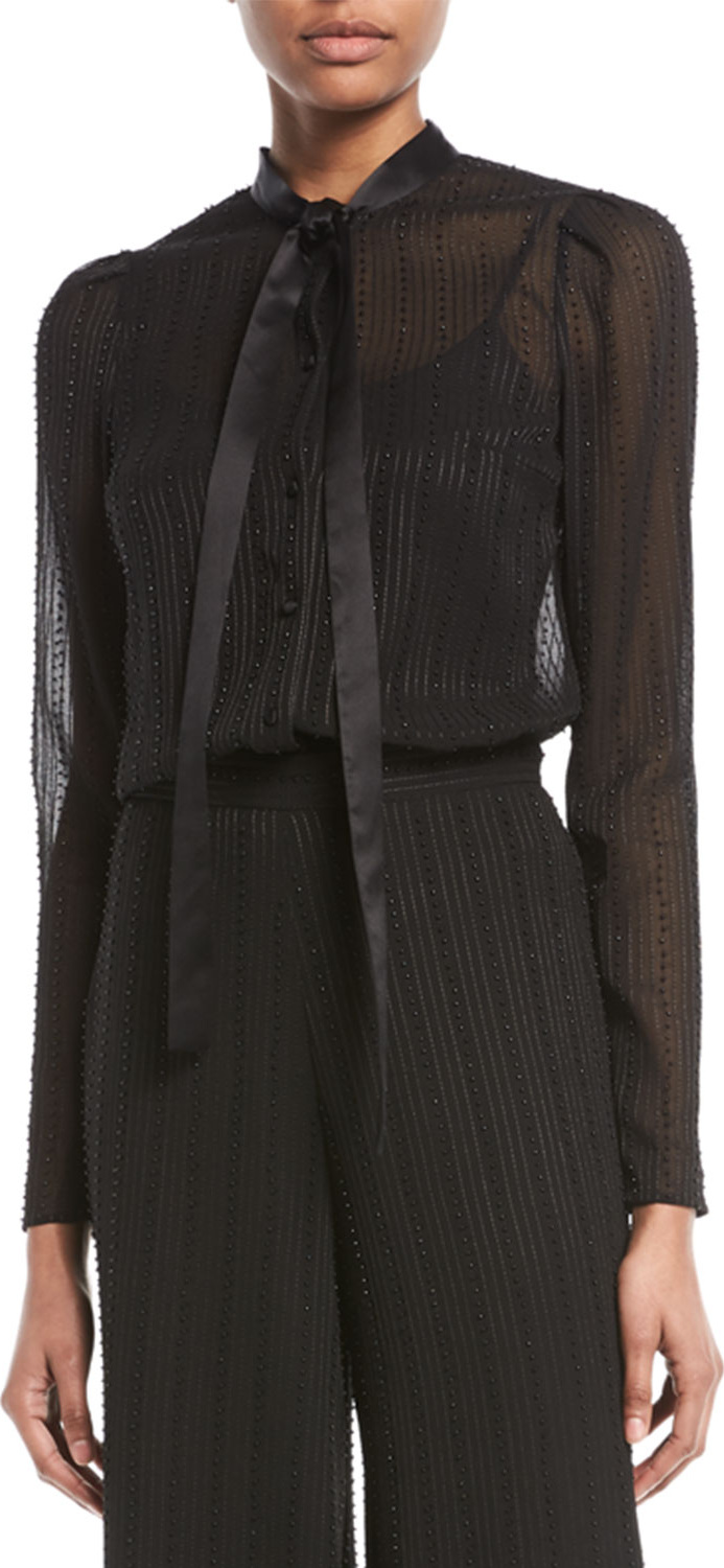 Alexis Taissa Sheer Striped Embellished Tie-Neck Top Alexis Taissa Sheer Striped Embellished Tie-Neck Top