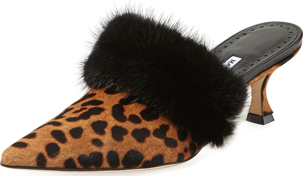 Manolo Blahnik Mariafina Leopard-Print Mules with Fur Trim