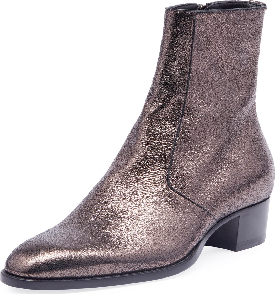 Saint Laurent Men's Wyatt 40mm Metallic Leather Ankle Boots, Black