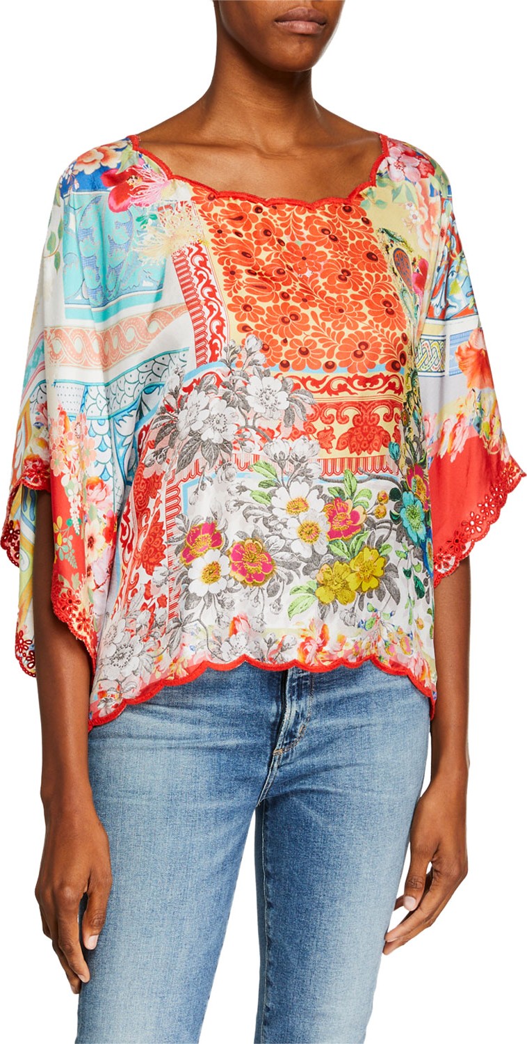 Johnny Was Boho Scoop-Neck Cropped Silk Twill Top
