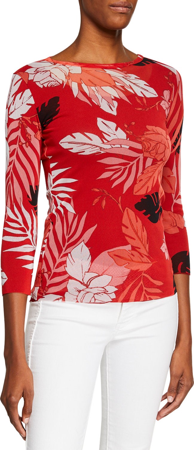 Fuzzi Pink Floral-Print High-Neck 3/4-Sleeve Tee