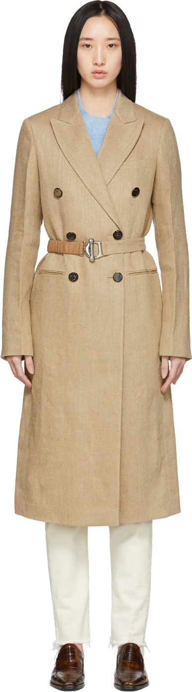 Victoria Beckham Beige Linen Belted Menswear Coat