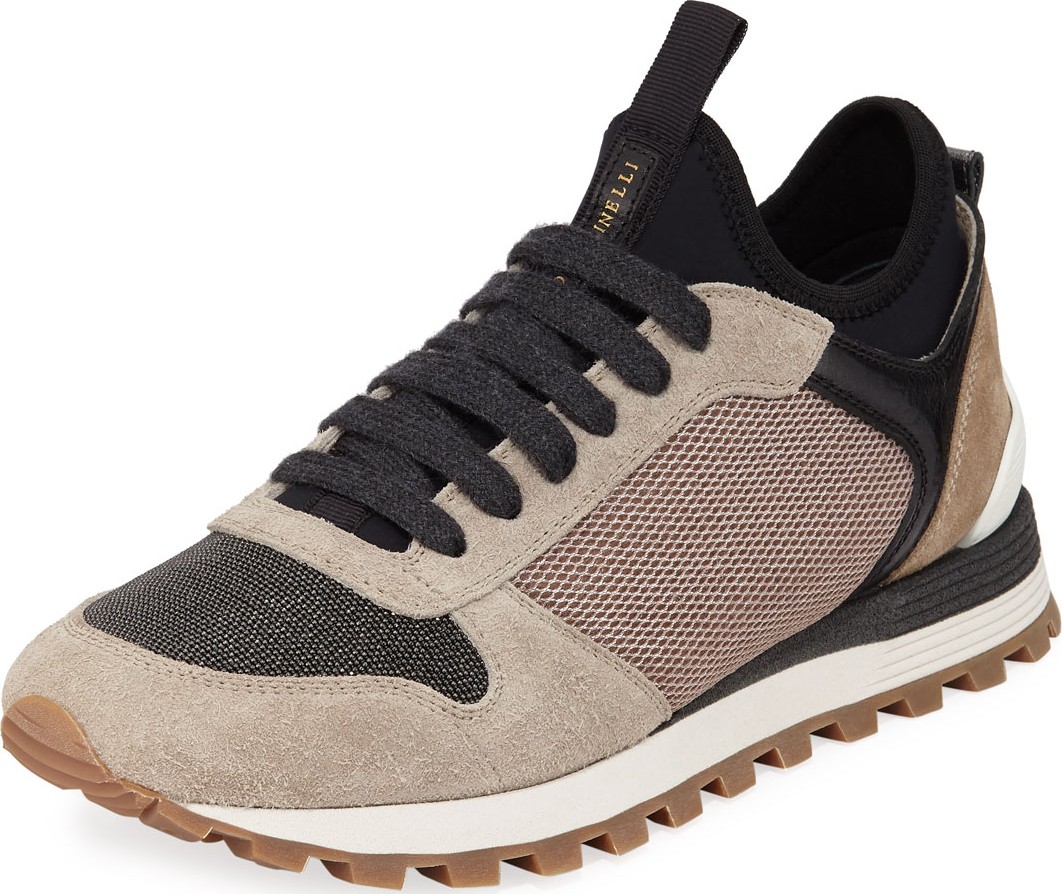 Brunello Cucinelli Monili Beaded Suede Lace-Up Sneakers