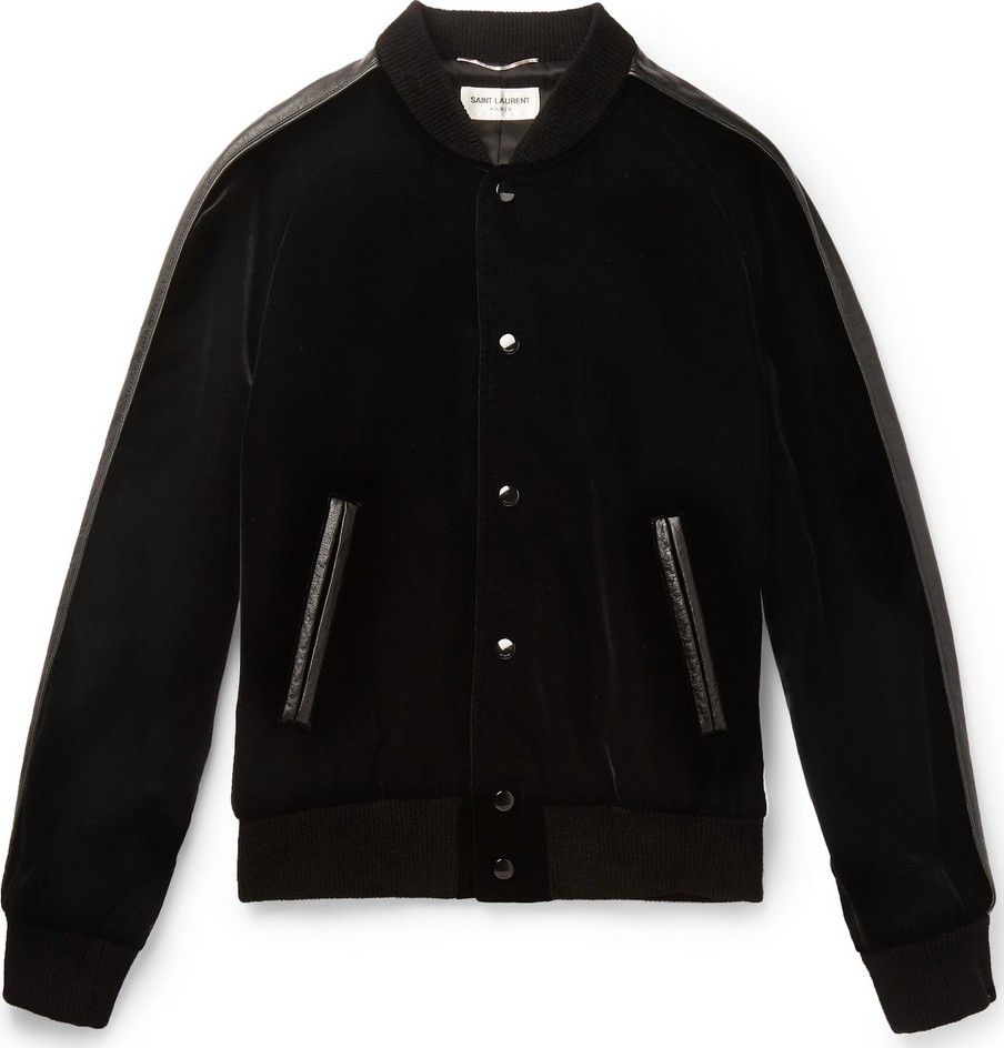 Saint Laurent Leather-Trimmed Appliquéd Velvet Bomber Jacket
