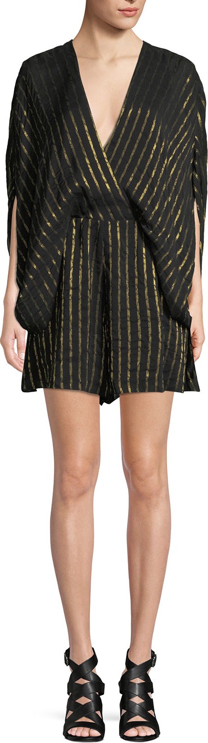 HALSTON HERITAGE Faux-Wrap Metallic Striped Romper