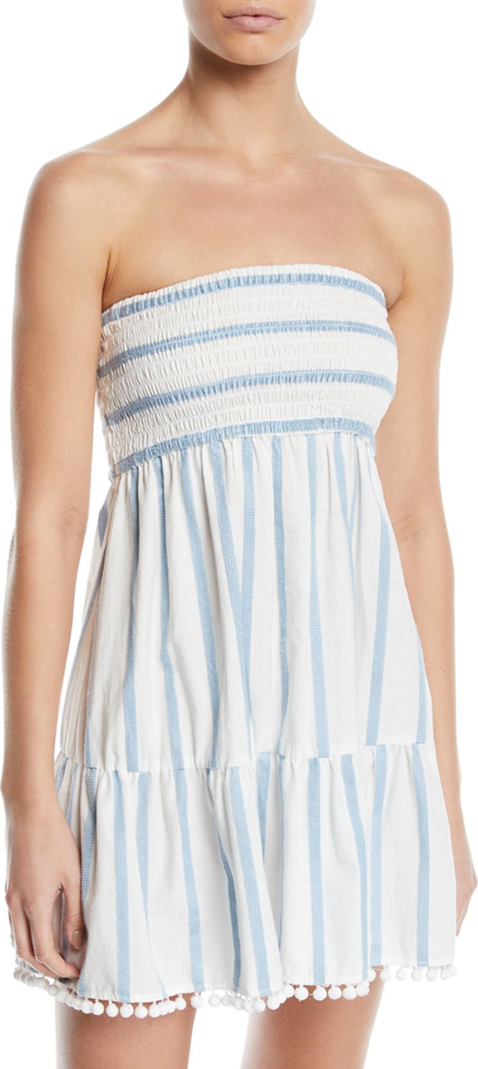 MILLY Striped Embroidered Strapless Coverup Dress