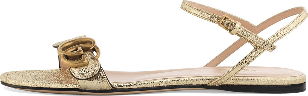 Gucci Marmont Flat Double-G Metallic Leather Sandal