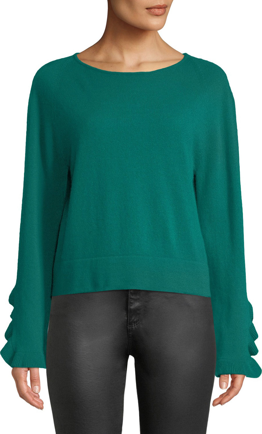 Autumn Cashmere Ruffle-Sleeve Crewneck Cashmere Pullover Sweater