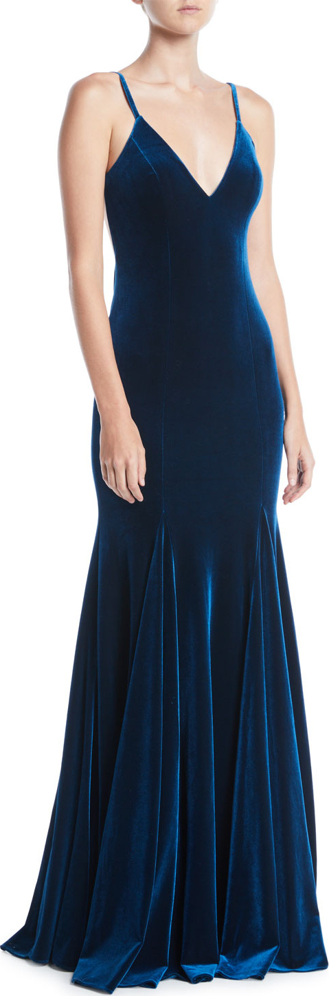 Jovani V-Neck Thin-Strap Low-Back Velvet Evening Gown