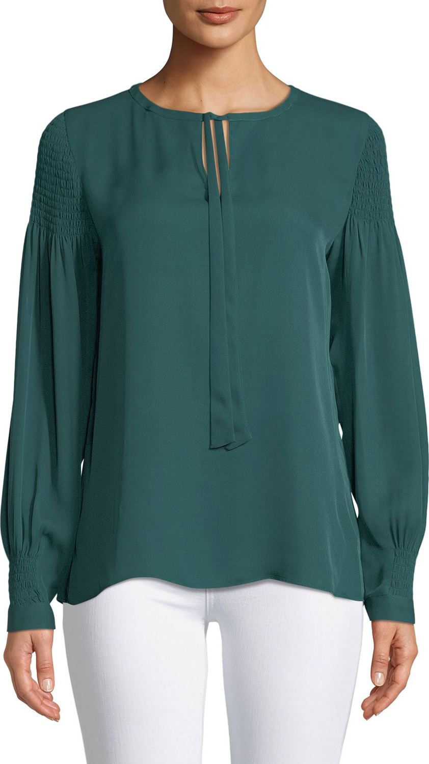 KOBI HALPERIN Julee Tie-Neck Long-Sleeve Silk Blouse w/ Smocking Details