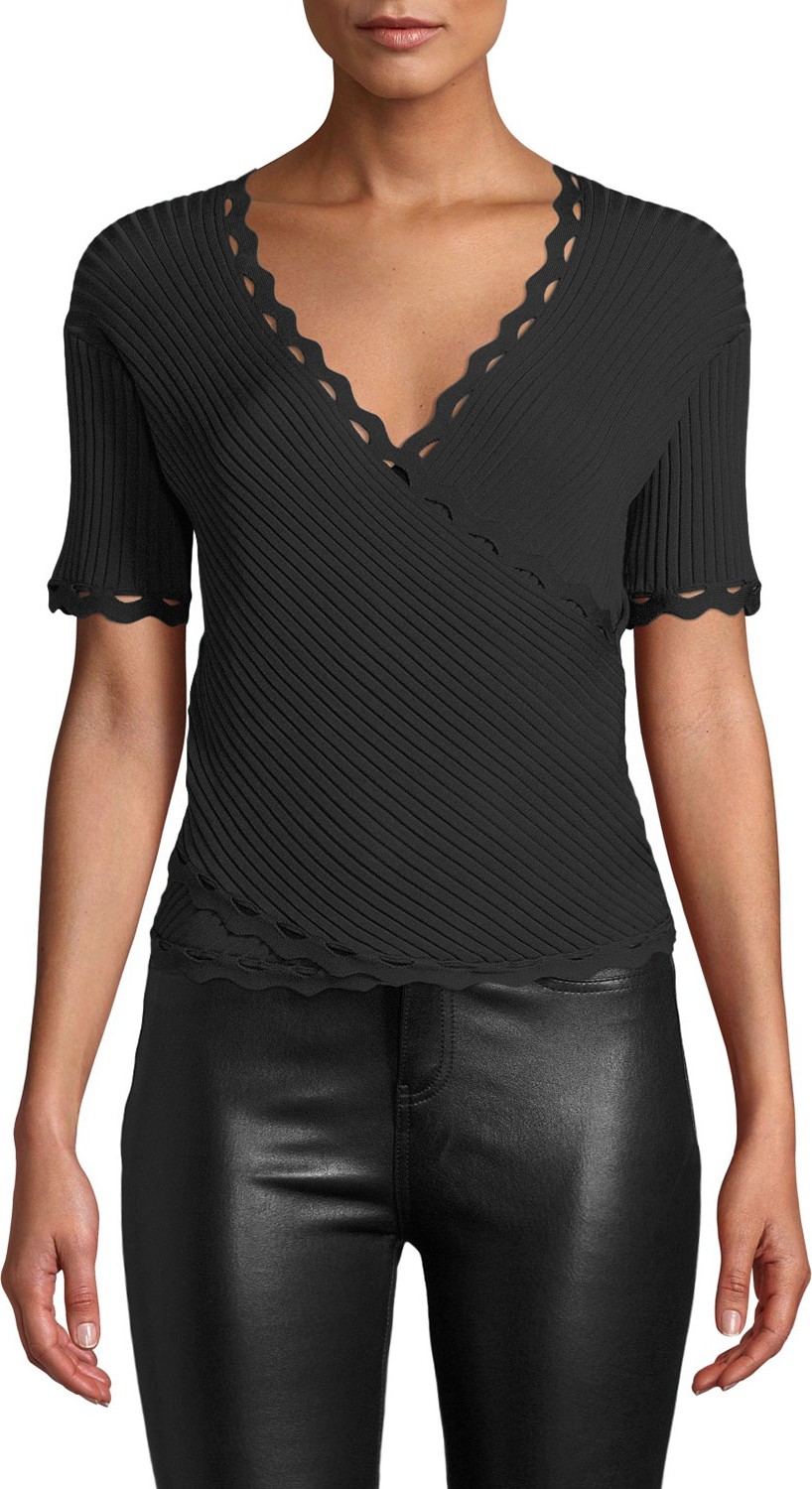 Jonathan Simkhai Ribbed Short-Sleeve Wrap Top with Zigzag Trim