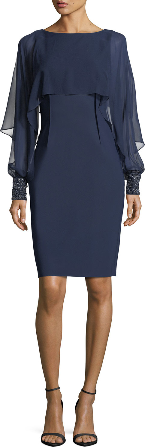 Rickie Freeman for Teri Jon Chiffon Bolero Beaded-Cuff Cocktail Sheath Dress