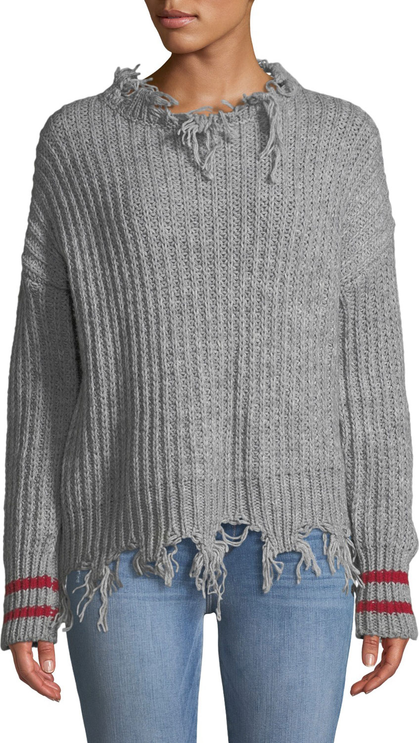 Pinko Destroyed Pullover Sweater w/ Striped Cuffs