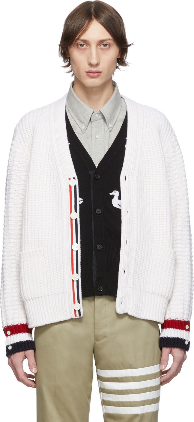 Thom Browne White Merino Wool Funmix Stitch Chunky V-Neck Cardigan