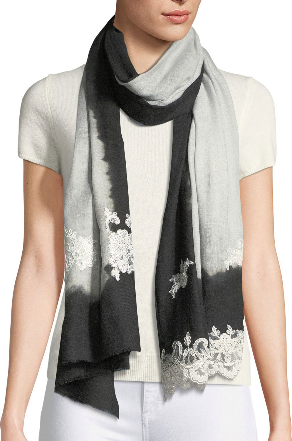 Bindya Ombre Lace-Trim Scarf, Black