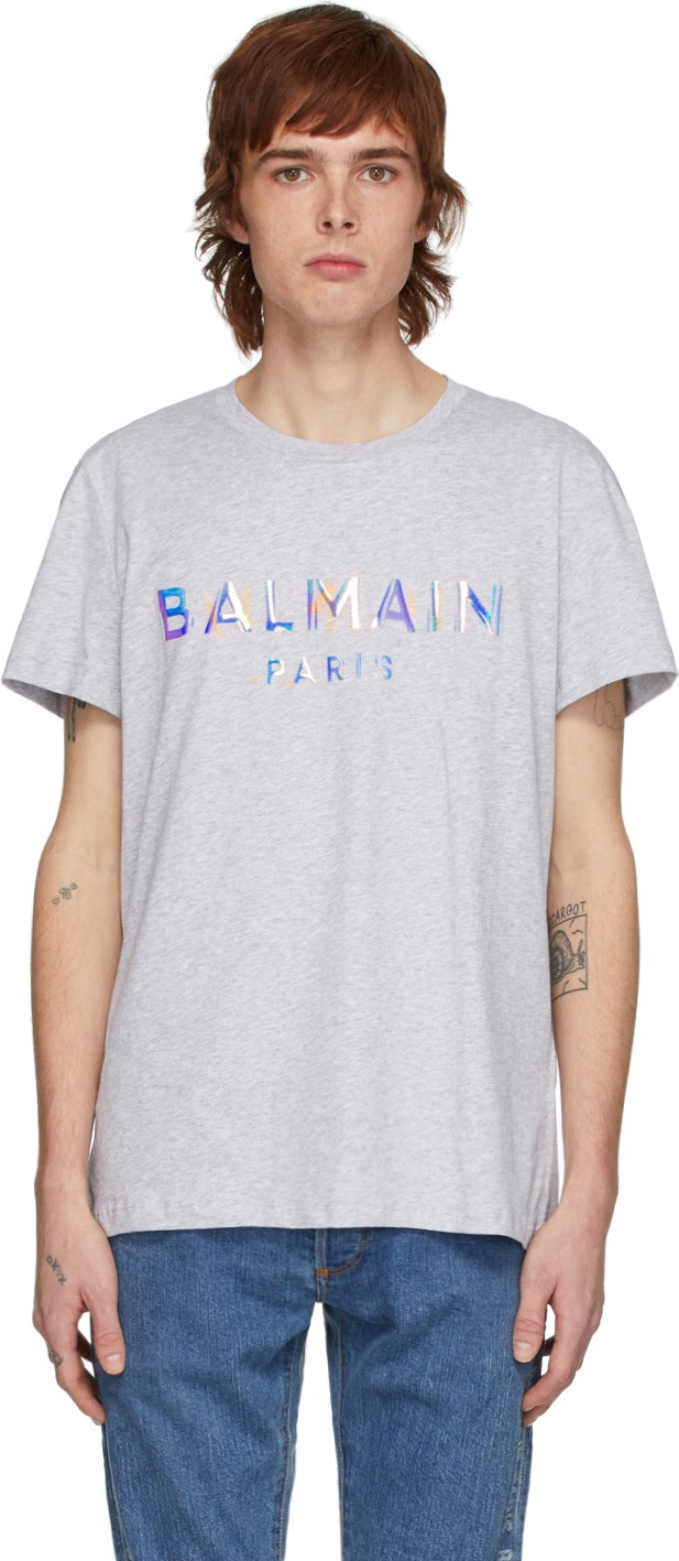 Balmain Grey Hologramme Logo T-Shirt