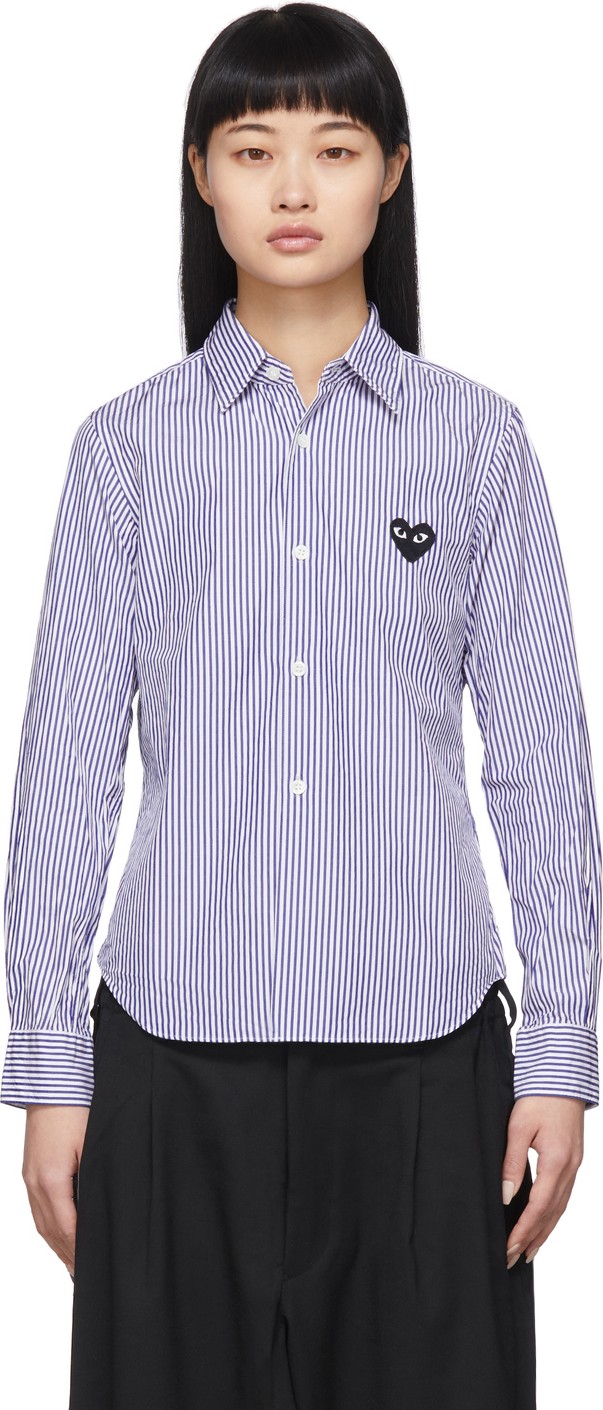 Comme Des Garcons PLAY Blue & White Striped Small Heart Shirt