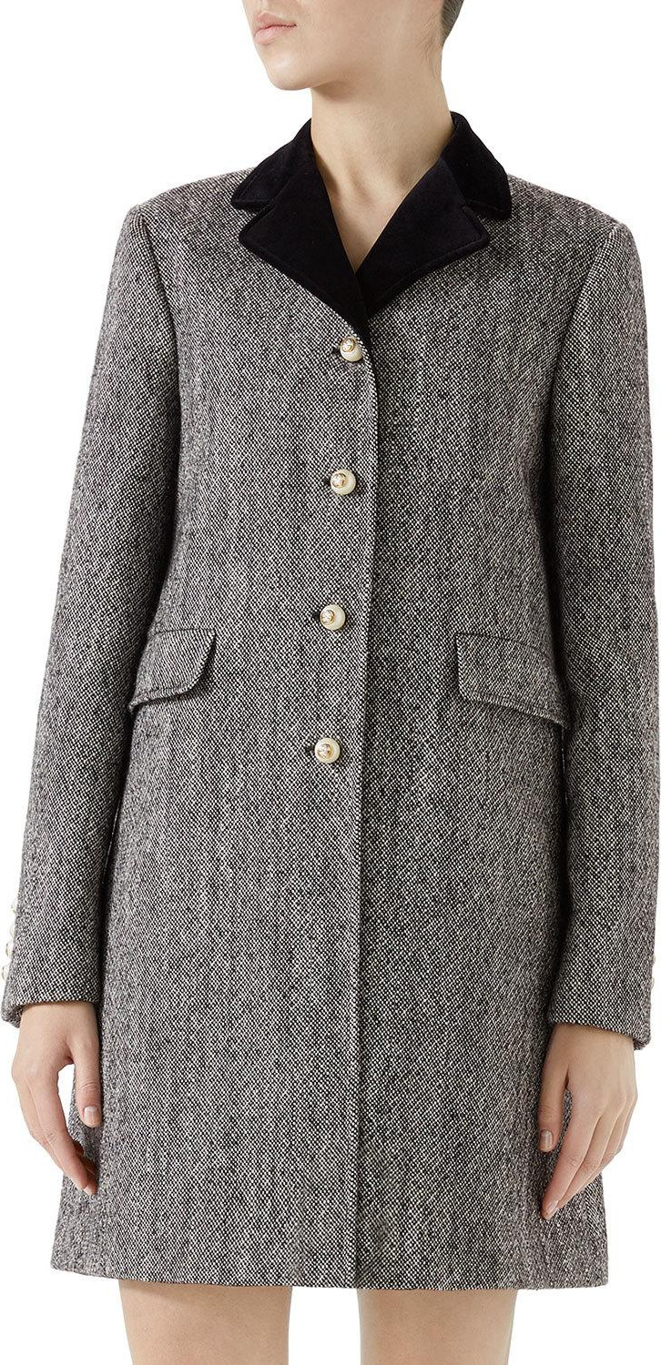 Gucci Velvet-Collar Wool Coat w/ Pearly Buttons