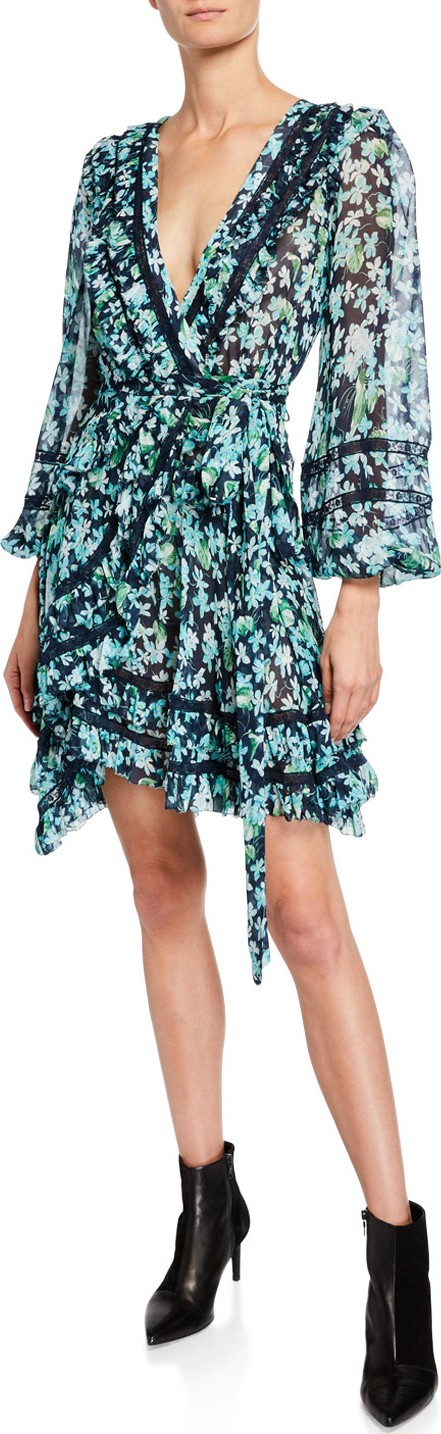 Zimmermann Moncur Floral-Print Wrap Mini Dress w/ Lace Trim
