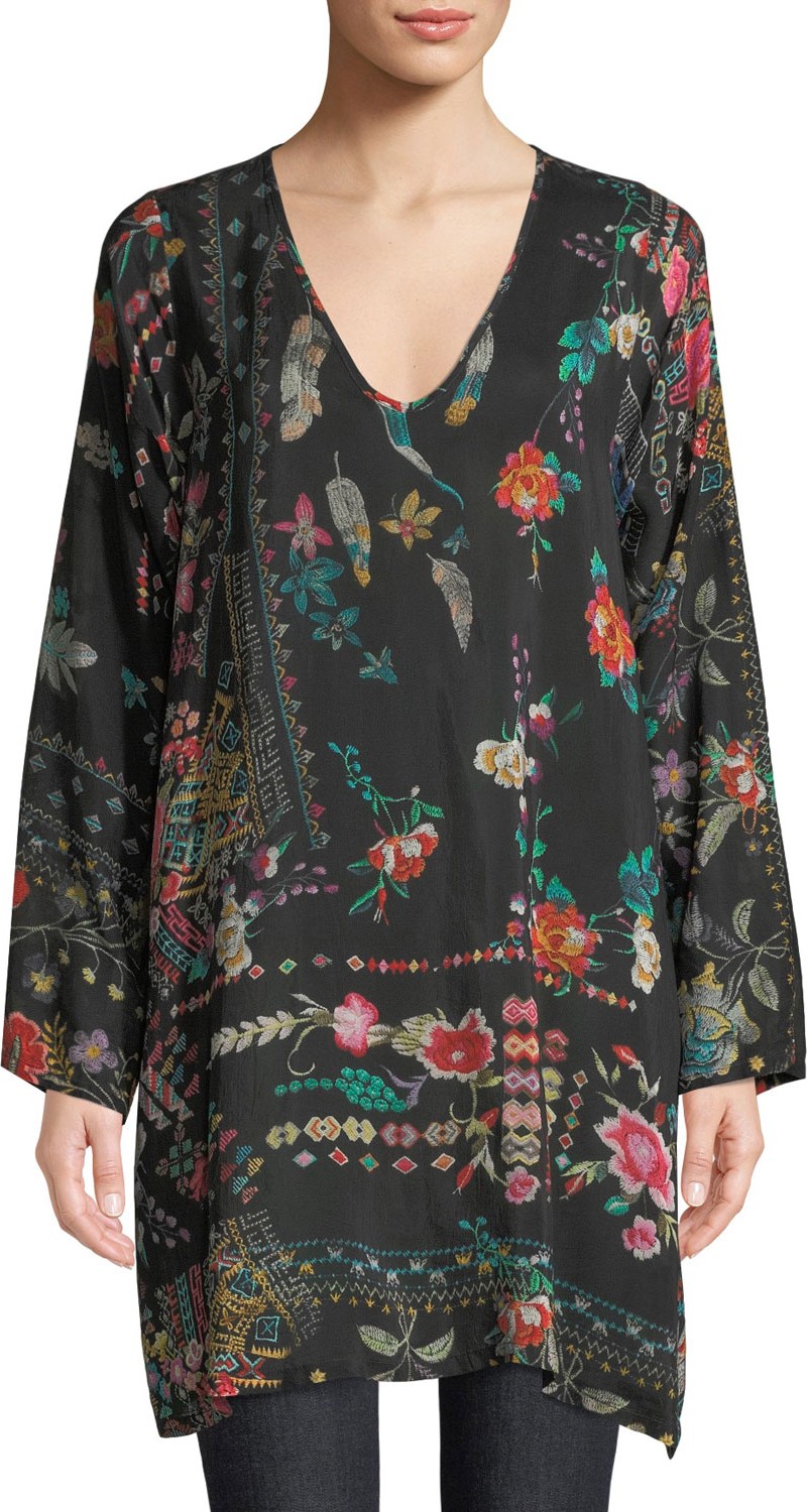 Johnny Was Canvasita Floral-Print Long-Sleeve Easy Blouse