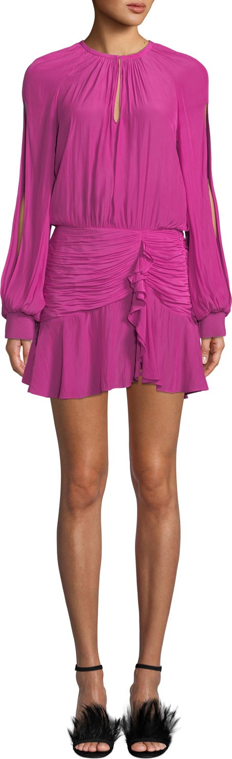 Ramy Brook Becca Shirred Split-Sleeve Flounce Short Dress