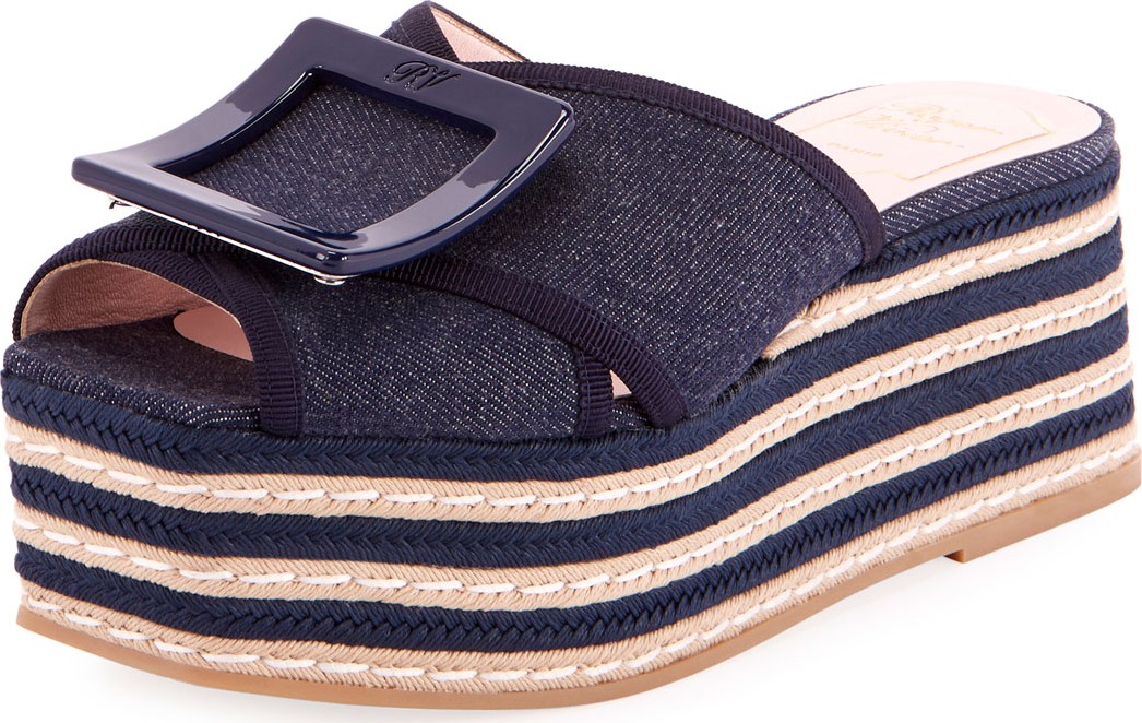 Roger Vivier Denim Buckle Platform Sandals