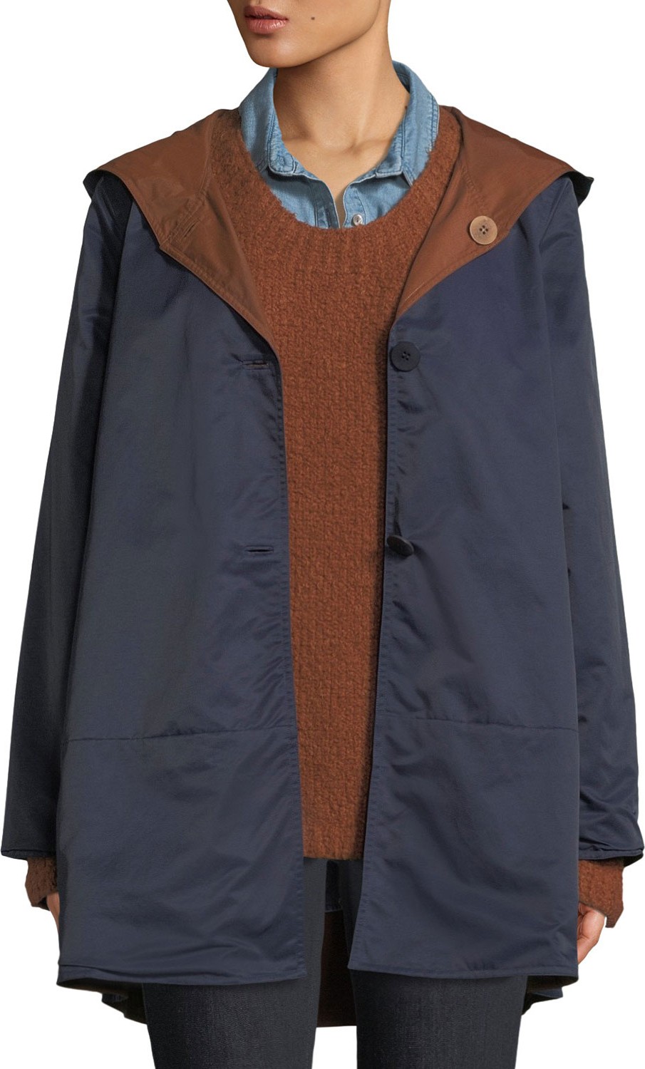 Eileen Fisher Reversible Organic Cotton/Nylon Hooded Raincoat