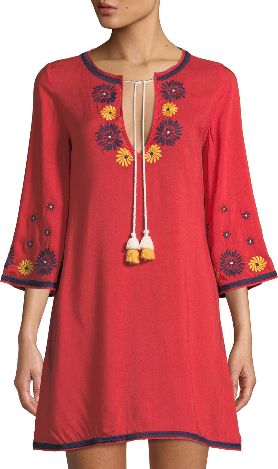 Shoshanna Floral-Embroidered Tie-Neck Coverup Tunic