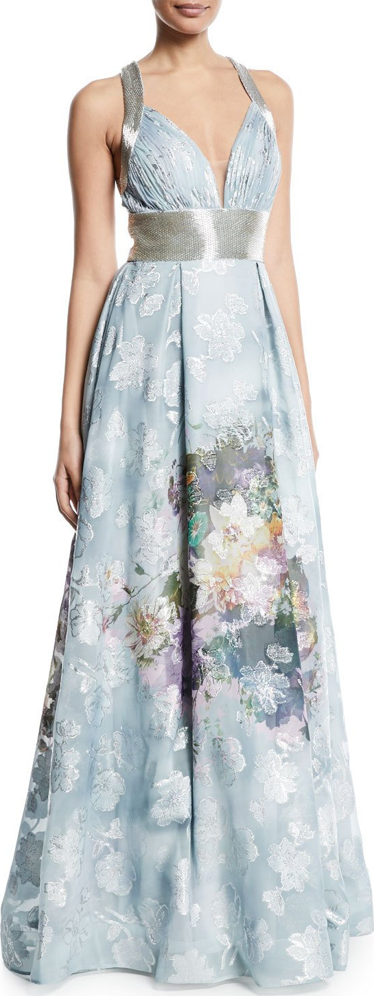 Jovani Floral Embroidered Halter Ball Gown