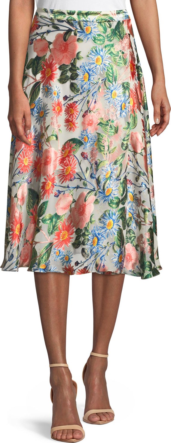 Alice + Olivia Nanette Mock-Wrap Floral-Print Midi Skirt