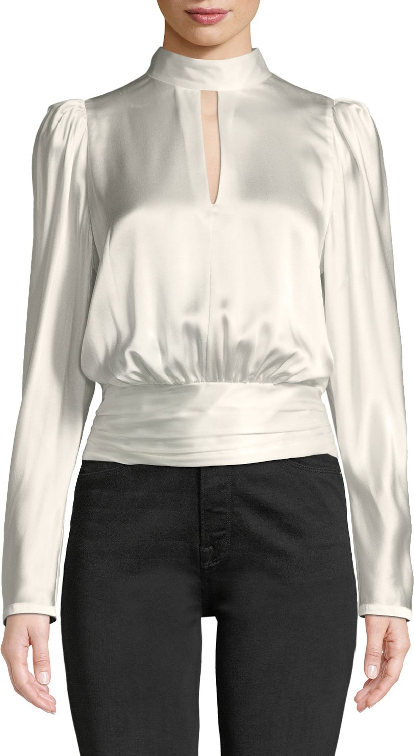 FRAME DENIM Satin Long-Sleeve High-Neck Keyhole Top