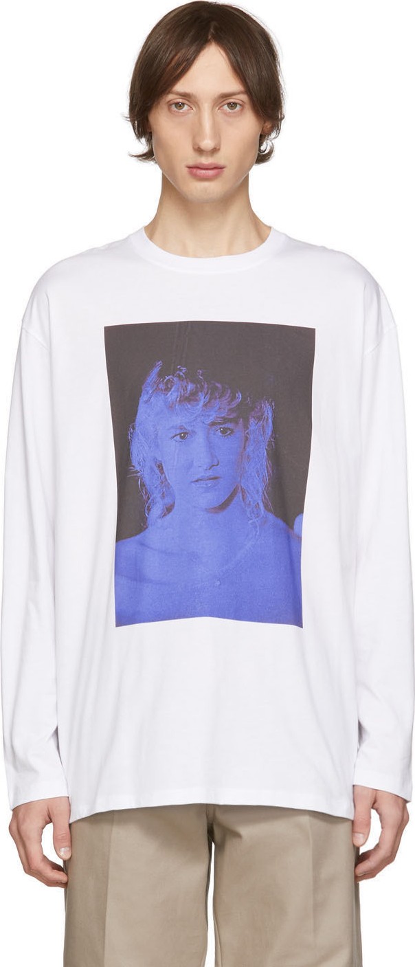 Raf Simons White Blue Velvet Long Sleeve T-Shirt