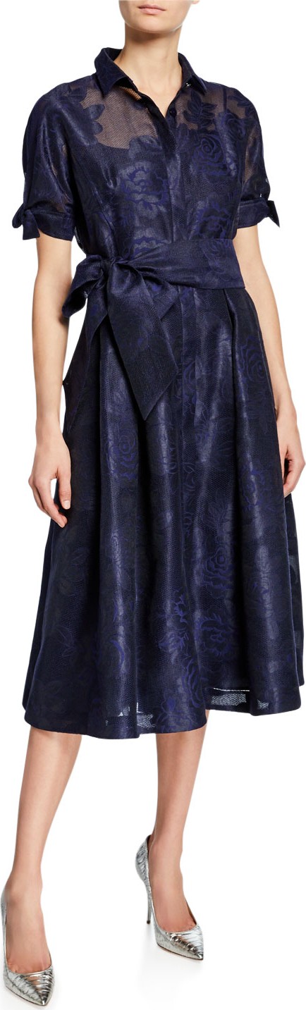 Rickie Freeman for Teri Jon Short-Sleeve Belted Burnout Jacquard Shirtdress