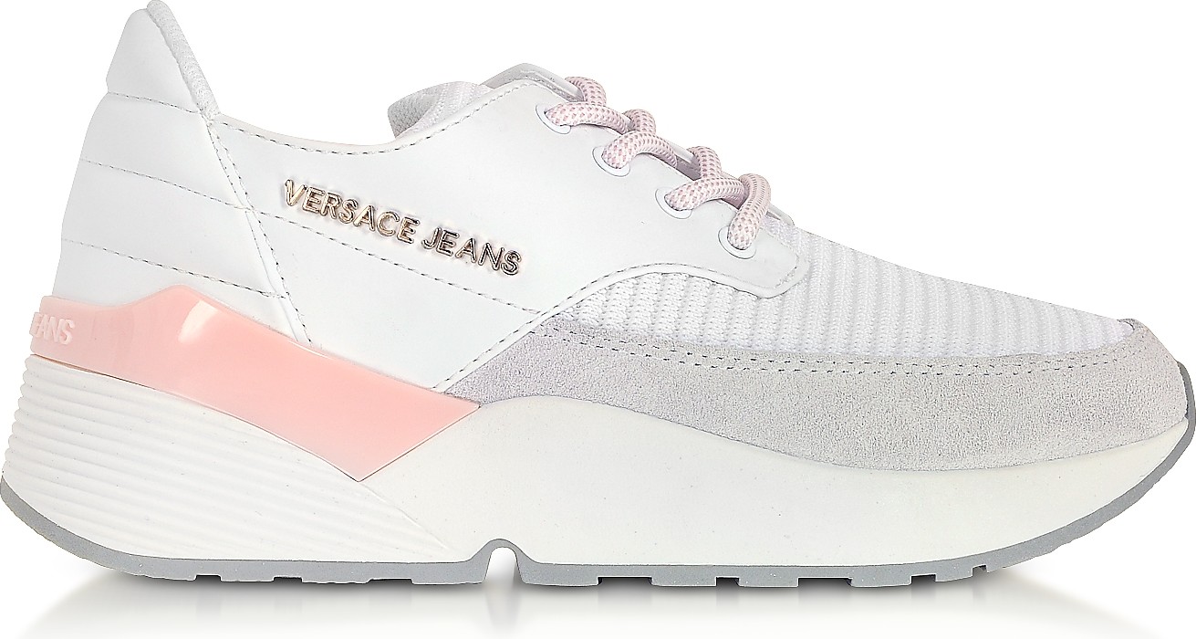 Versace High Running White Knitted Mesh and Suede Women's Sneakers