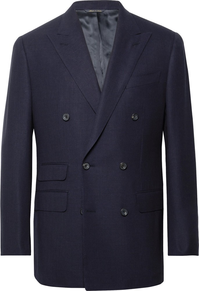 Thom Sweeney Navy Slim-Fit Double-Breasted Wool-Hopsack Blazer