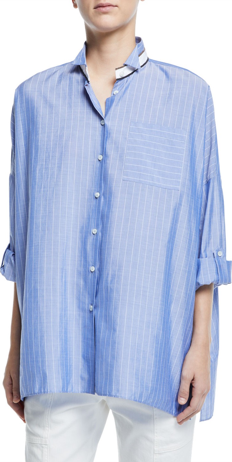 Brunello Cucinelli Chambray Button-Front Banded Collar Blouse