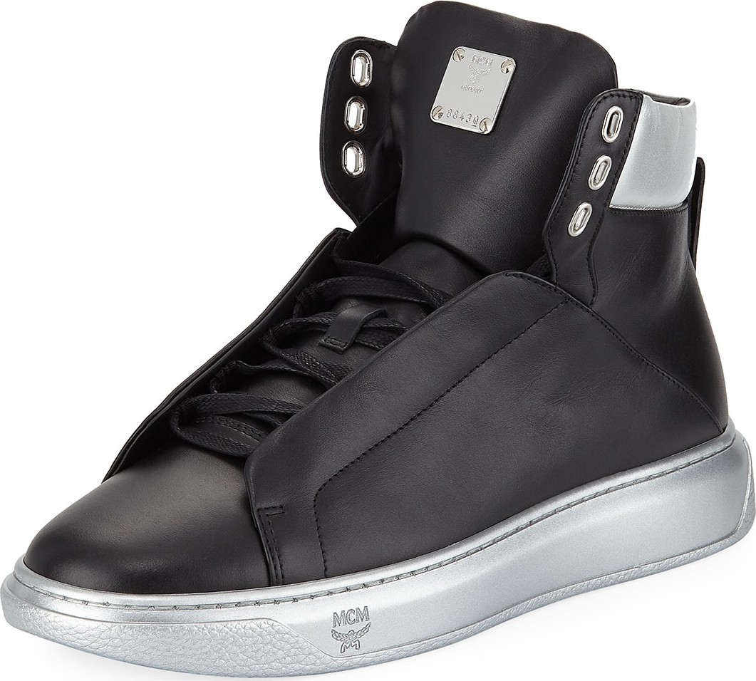 MCM Men's Visetos-Trim Leather High-Top Sneakers
