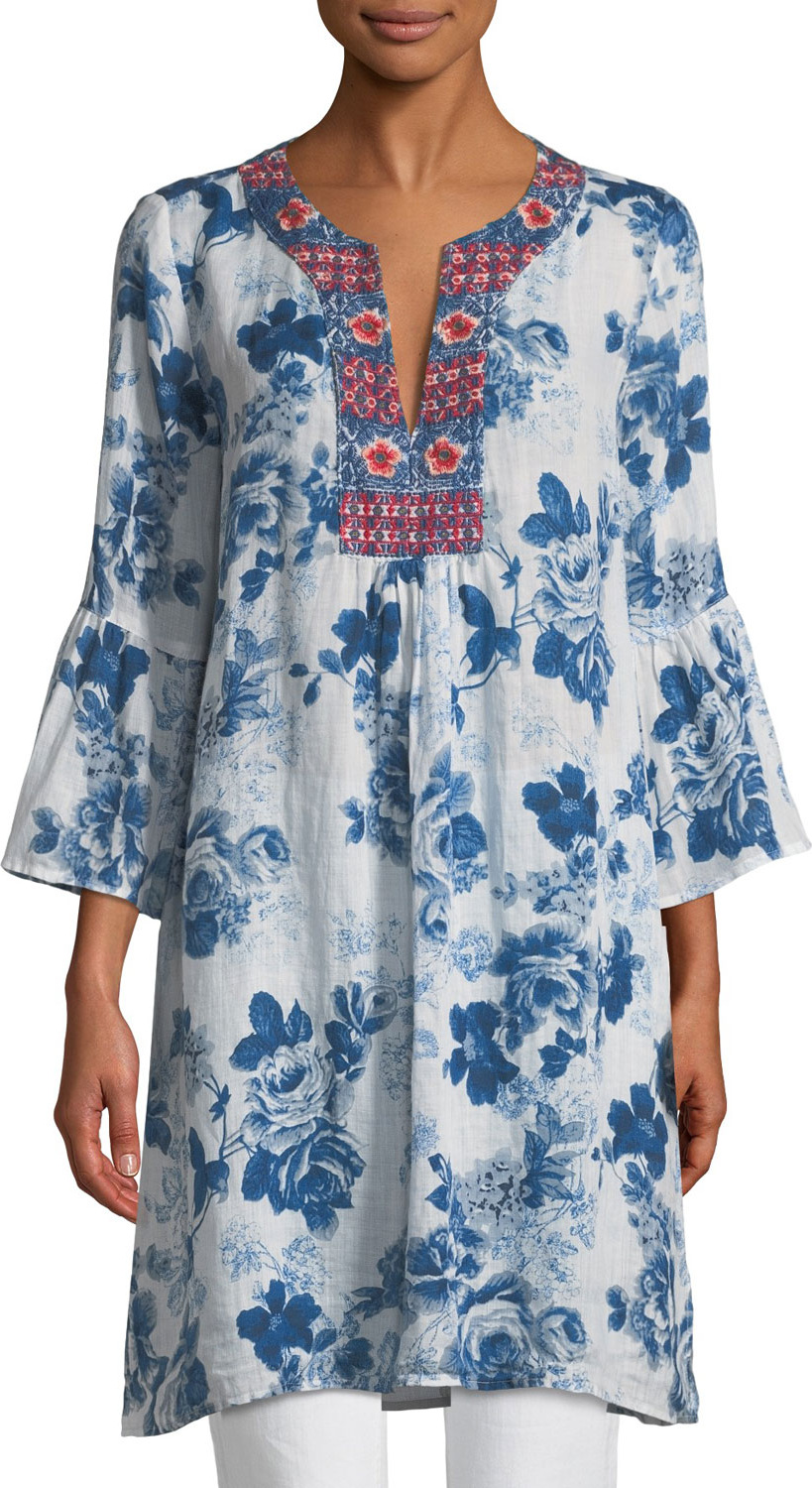 Johnny Was Flare-Sleeve Floral-Print Tunic